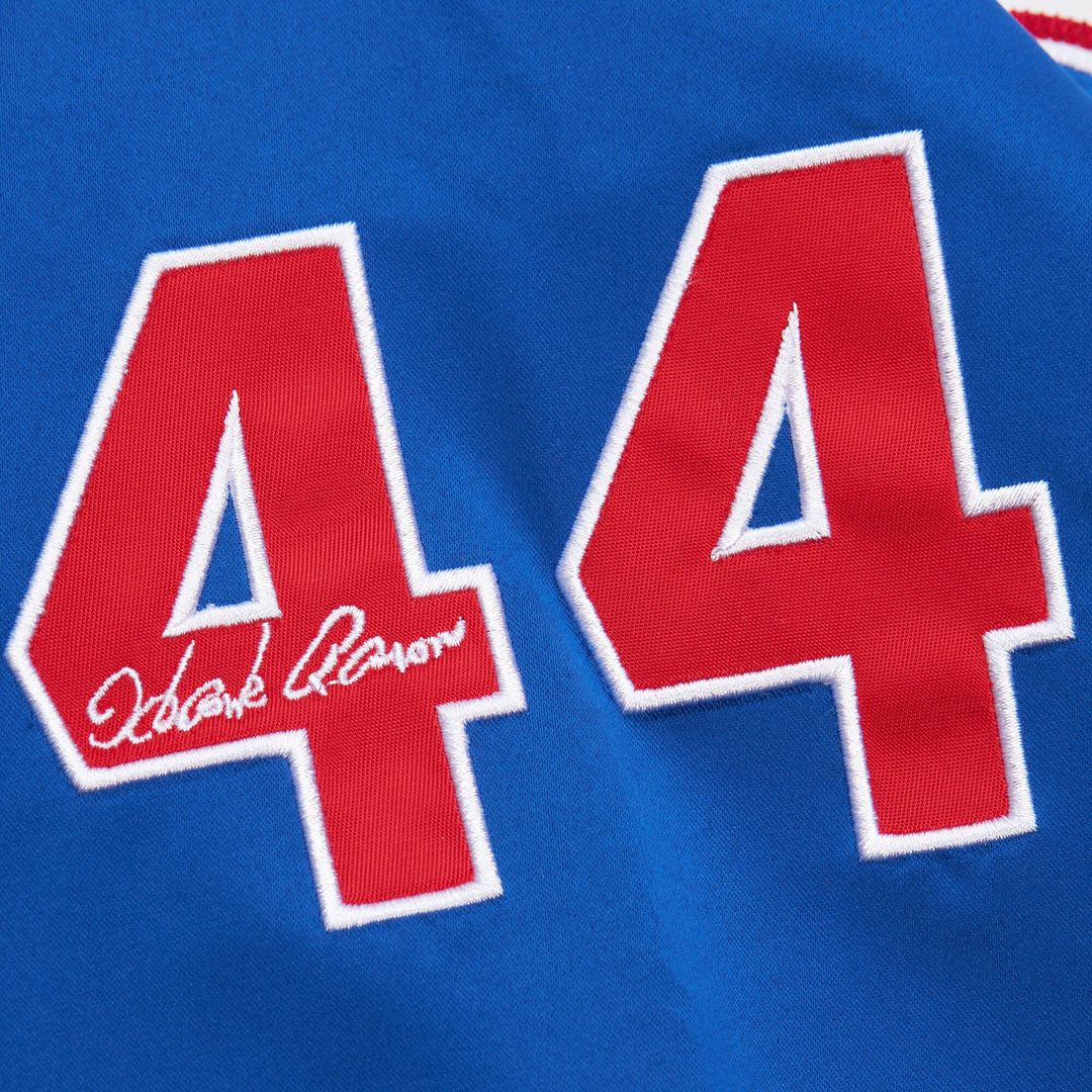 Atlanta Braves Hank Aaron Mitchell & Ness Cooperstown Legends Lightweight Satin Raglan Full - Snap Jacket - White/Royal